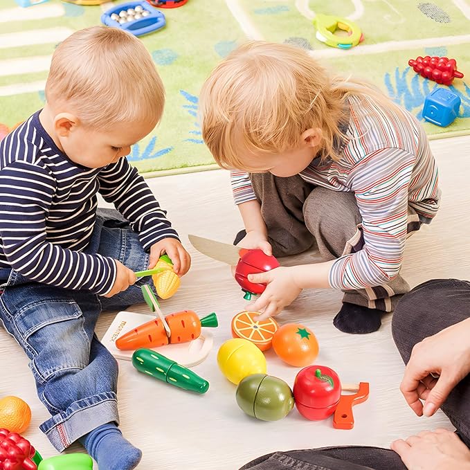 Wooden Play Food Sets for Kids Kitchen Accessories, Realistic Wood Cutting Fruits and Vegetables Toys for 3- Year Old Toddlers, Mini Pretend Play Gifts for 3 -6 Years Girls Boys