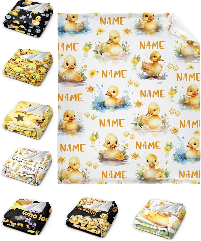 Custom Name Flower And Ducks Adult duck Blanket Kids Funny Blanket Suitable for bedroom bed sofa Crib Couch Chair outdoor All Season Items That Yellow Duck Lovers Will Love 90”×120 ”for Family