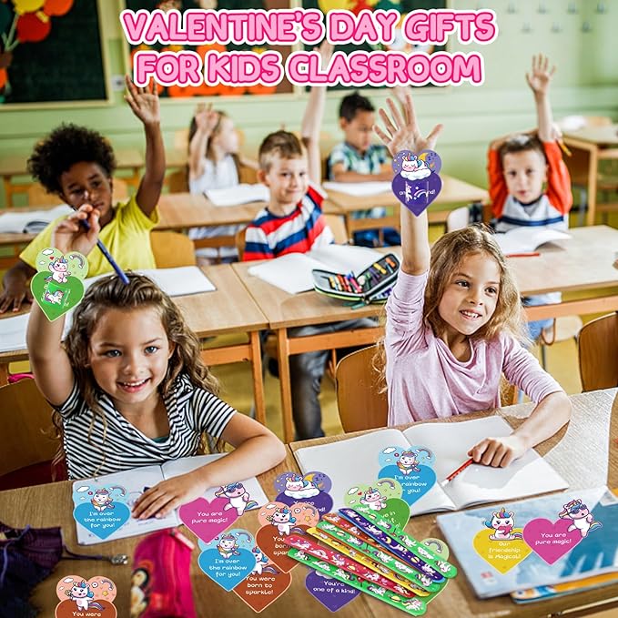 30 Pack Valentines Day Gifts for Kids, Unicorn Slap Bracelets Party Favor Set with Valentines Greeting Cards for Kids, Valentine's Day School Prize Party Favor, Classroom Exchange Gift
