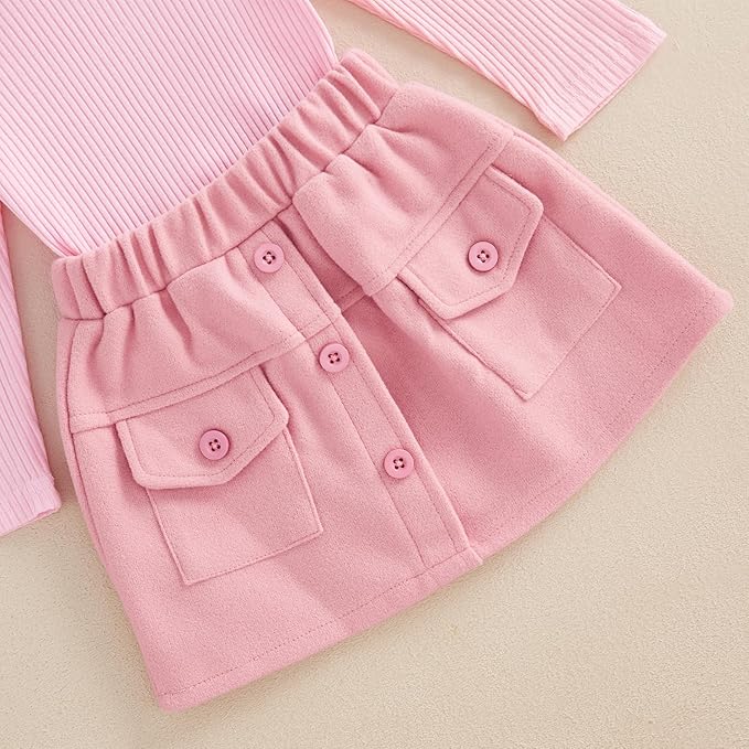 Fernvia Toddler Baby Girl Fall Winter Skirt Set Turtleneck Ribbed Long Sleeve T-Shirt Top & Plaid Skirts Dress 2Pcs Outfits