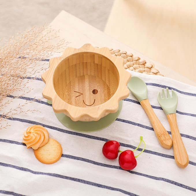 Suction Bowl for Baby Kid Toddler Bamboo Bowl Spoon Fork Set with Removable Silicone Suction All-Natural Baby Feeding Set for Baby-Led Weaning Fits Feeding High Chair Table