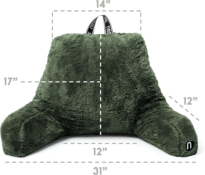 Nestl Fur Reading Pillow, Stylish Back Pillow for Bed Sitting Up, Faux Fur Bed Chair Pillow with Arms, Reading Pillows for Sitting in Bed Adult & Kids, Back Support Pillow for Bed Rest - Olive Green