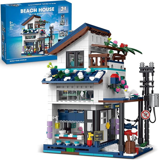 3 in 1 City House Building Sets,Compatible with Lego Creative Modern House with Light,Seaside Beach Villa Japanese Style Cottage Friends Vacation Hut Building Blocks Toys for Kids Ages 6+