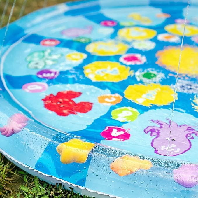 4 in 1 Splish Splash Learning Pad – Outdoor 60” Sprinkler Water Toy for Toddlers and Kids | USA Patented Swimming Ocean Animals | Inflatable Pool with Matching and Learning Games