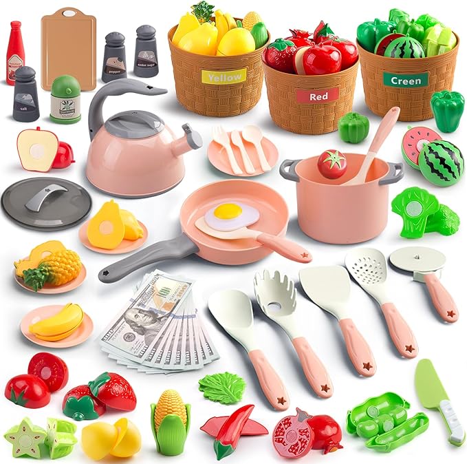 90Pcs Kitchen Playset Accessories, Pretend Cooking with Pots, Pans, Cookware, Food, Fruit, Veges, Color Sorting Baskets, Prop Money, Learning Gift for Girls Boys Toddlers (Pink)