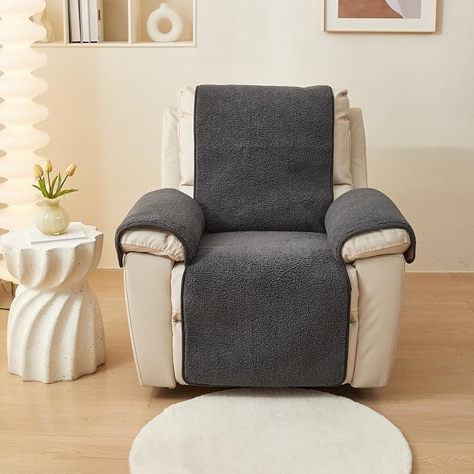 vctops Sherpa Fleece Recliner Chair Cover Super Soft Warm Plush Sofa Slipcover Furniture Protector Non Slip Washable Reclining Chair Cover for Kids, Pets (Dark Grey,30"x91")