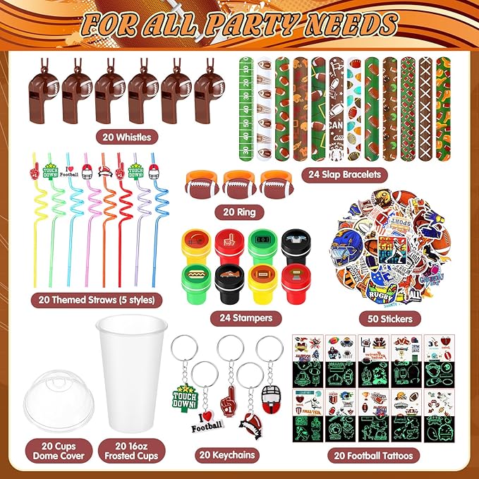 Aoriher 238 Pcs Football Sport Party Favors Set Football Birthday Gift Football Cup Fillers with Straw Football Whistle Stamper Slap Bracelet Keychain Ring Tattoo Sticker for Sport Party Supplies