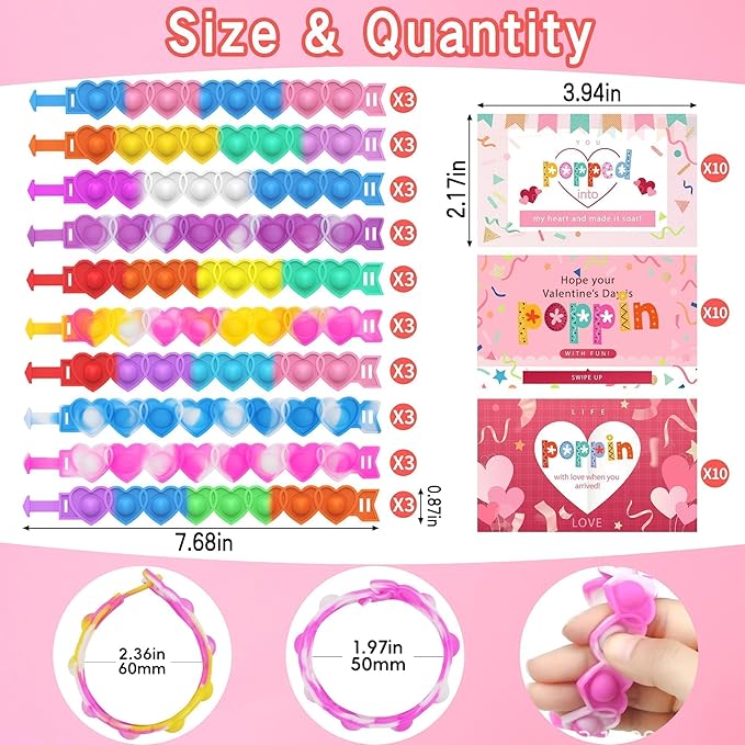 30 Pcs Valentine's Day Pop Bracelets Toys with Cards Heart Pop Bracelets Bubble for Kids School Classroom Prizes, Valentine's School Class Exchange Cards and Kids Party Favors