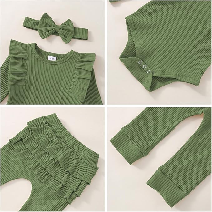 Baby Girl Clothes Newborn Infant Fall Winter Outifts Ribbed Ruffle Long Sleeve Romper Pant Outfit Set 3pcs 0-18Months