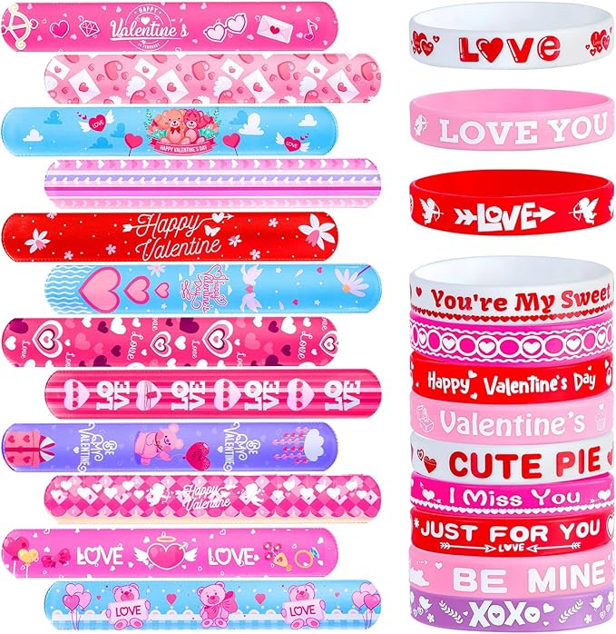 72 Pcs Valentines Slap Bracelets Rubber Bracelets Valentines Party Favors Gifts for Kids School Classroom Goodie Bag Stuffers