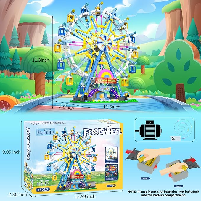2025 Newly Upgrade Ferris Wheel Building Set with Fairy Light, Two-Way Rotating Ferris Wheel Building Blocks Set of 813 PCS, Amusement Park Model Kit for Kids Ages 8+, Ideas Gift for Boys and Girls