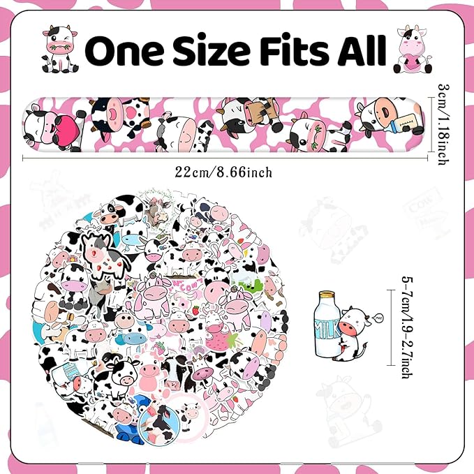 74 PCS Cow Party Favors Include 24 Pcs Cow Print Slap Bracelet 50 Pcs Cow Stickers Pack Cow Print Stuff Cute Cow Birthday Party Decorations Supplies for Kids Girls Boys Gifts Classroom Prizes