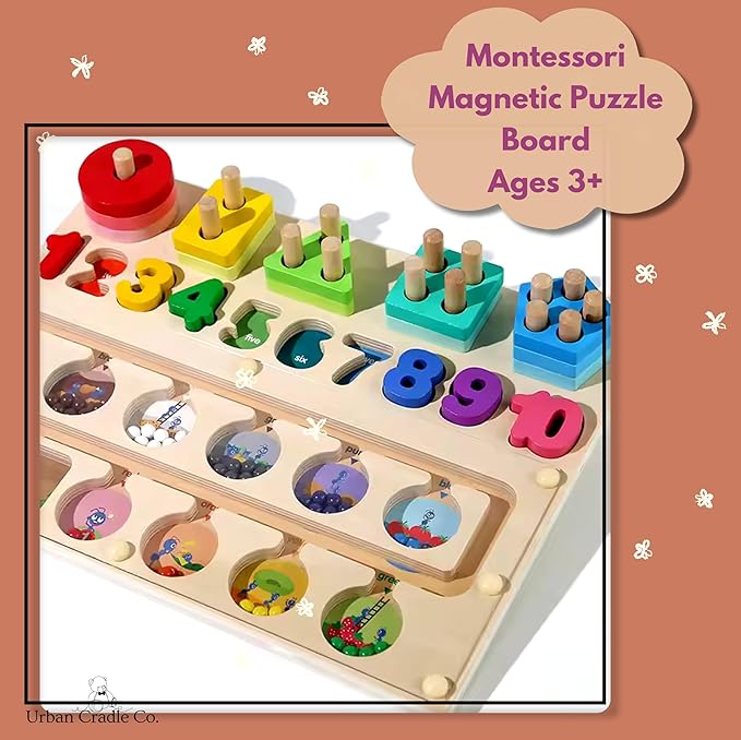 3-in-1 Magnetic Wooden Maze, Montessori Toys, Stacking Building Blocks Shape Sorter Number Board, Color Matching Educational Learning Toys for Kids, Toddler Gift, Toys for Boys Girls 3 4 5 Years Old