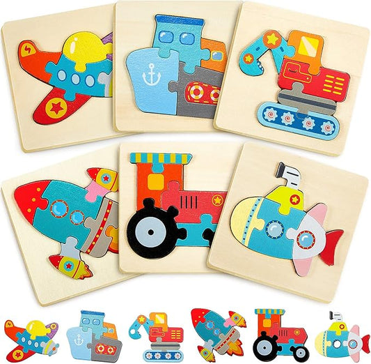 6 Pack Wooden Puzzles for Toddler 1-3 Years Old Wood Jigsaw Puzzles for Boys Montessori Games and Educational Toys for Kids Wooden Toddler Puzzles Present (Vehicle)