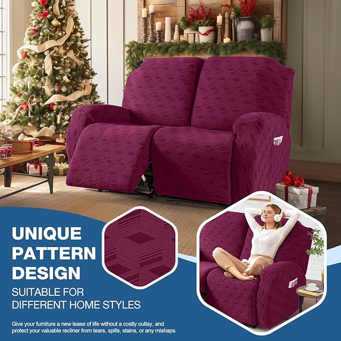 TAOCOCO Recliner Loveseat Cover, Stretch Jacquard Reclining Loveseat Cover Furniture Protector Sofa Slipcovers 2 Seat Recliner Covers with Elastic Bottom for Kids, Pets (Burgundy)