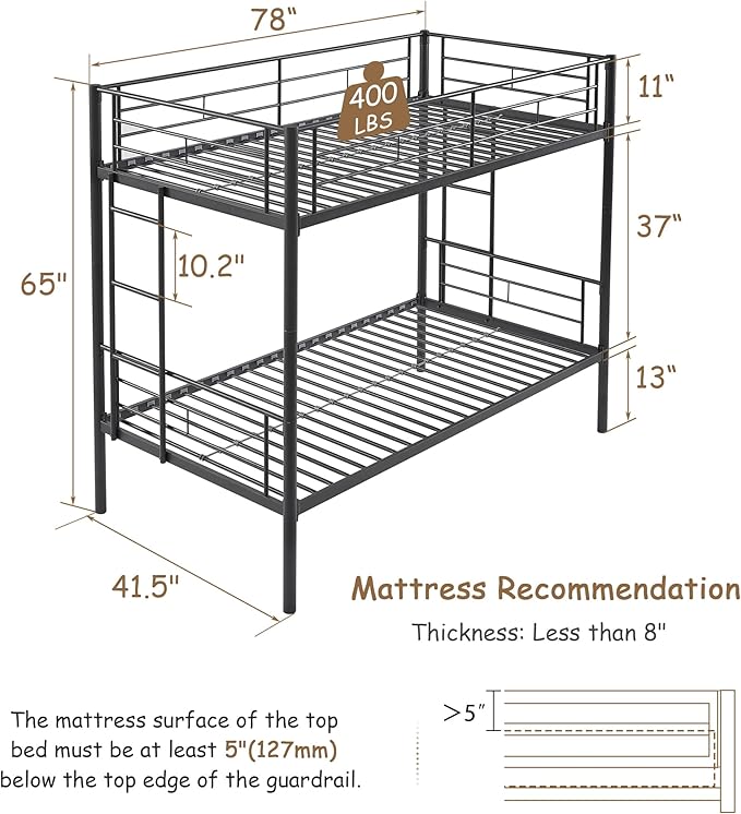 VECELO Twin Over Twin Bunk Bed with Built-in Ladder and Safety Guardrail, Heavy Duty Metal Bunkbeds, Space Saving, No Box Spring, Black