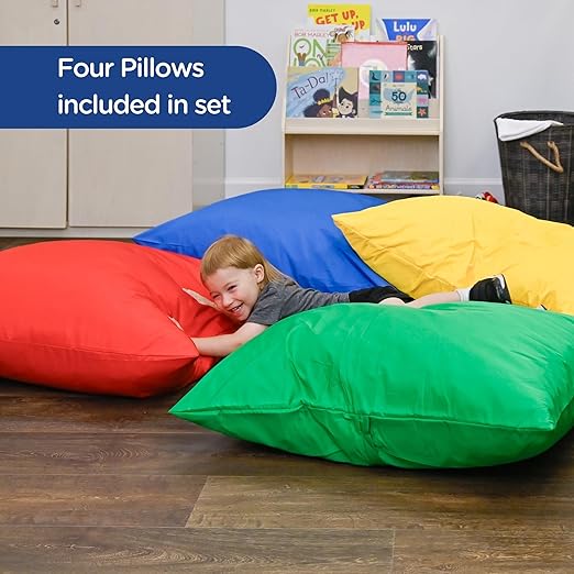 Children's Factory, CF650-507, 27" Cozy Floor Pillows, Set 4, Primary, Flexible Seating Classroom Furniture, Daycare or Preschool Kids Reading Nook