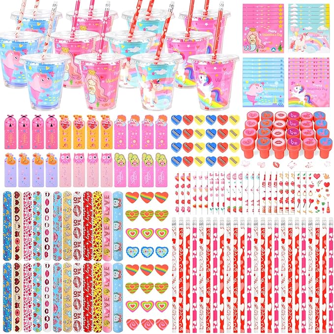 216PCS Valentines Day Gifts for Kids, Valentines Day Stationery Gifts, Valentines Party Favors with Stampers Pencils Rulers Stickers, School Rewards Classmate Gift Exchange Goody Bag Fillers for Kids