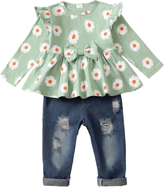 Mioglrie Toddler Baby Girl Clothes 2T 3T 4T 12 18 24 Months Toddler Fall Winter Girls Outfit Jeans Pants Clothing Set
