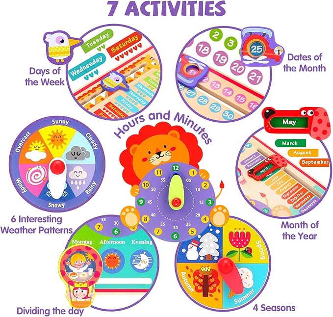 Montessori Toys for 4 Year Old,Wooden Calendar and Teaching Clock for Kids Learning Clock for Telling Time, Date, Days of The Months, Seasons and Weather-Educational Toys for Boys and Girls（7 in 1）