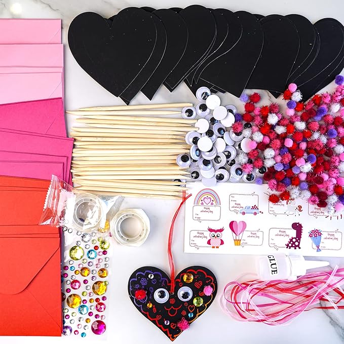 27 Sets Magic Color Scratch Paper Heart Ornaments Bookmarks Valentine Craft Kits Scratch Paper Heart Cutouts Pom-poms Googly Eyes for Kids Activity Art Project Valentine Party Favor Tree Decoration