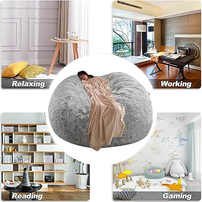 DELADOLA Bean Bag Cover(NO Filler,Cover ONLY) Big Bean Bag Storage Chair Bean Bag Sofa Chair Soft Fluffy Fur Portable Living Room Sofa Bed Cover (Peacock Blue, 6FT)