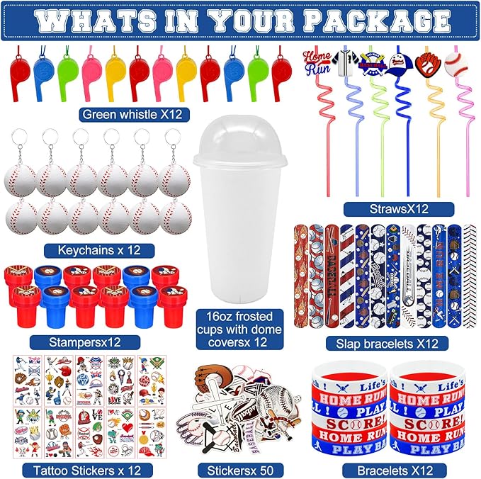 146 Pcs Baseball Party Favors, Sports Party Supplies with Cup Straw Baseballl Keychain Tattoo Sticker Slap Bracelet Whistle Treat Bag Gifts for Classroom Rewards Sports Birthday Party (Baseball)