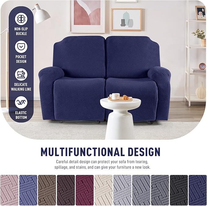 KinCam Recliner Covers, Stretch Reclining Chair Covers, Recliner Sofa Slipcovers Stripe Jacquard Recliner Couch Covers Furniture Protector Covers for Pet Kid (2 Seater, Dark Blue)