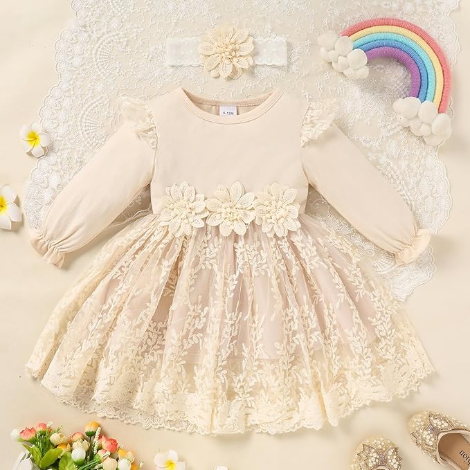 Baby Girl Dress Ruffle Sleeve Toddler Girl Dresses Infant Girls Long Sleeve Fall Winter Clothes Flower Tulle Dress