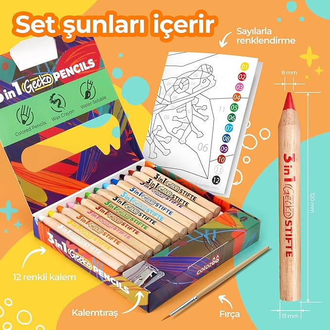 3 In 1 Color Pencils | 12 Colors Set inc. Brush And Sharpener | Non-Toxic And Vegan Colors For Ages 3 And Up