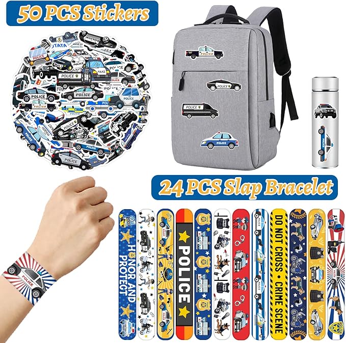 74PCS Police Party Favors 24PCS Police Officer Slap Bracelets 50PCS Police Stickers Police Cars Stickers for Police Party Decorations Kids Gifts Classroom Rewards Prizes Carnival Christmas