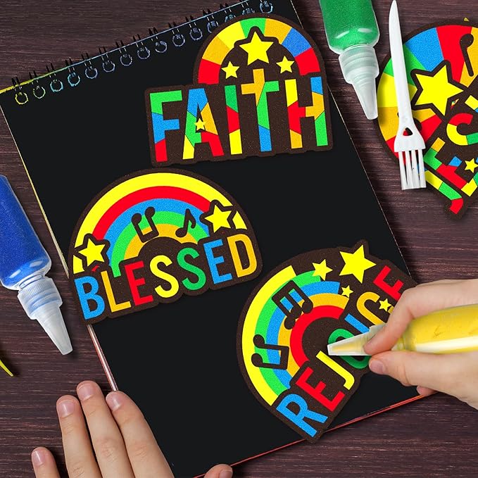 24 Sets Religious Sand Art Craft Kit for Kids Inspirational Words Painting Kit with Colored Sand Make Your Own Crafts Art DIY Art Project for Sunday School Vbs Home Fun Activities