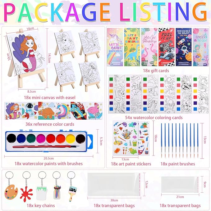 198Pcs Paint Party Favors Painting Kits for Kids Mini Predrawn Canvas Panel, Valentines Day Gifts for School Class Gift Exchanges Art Party Favors Watercolor Paint Coloring Cards for Kids