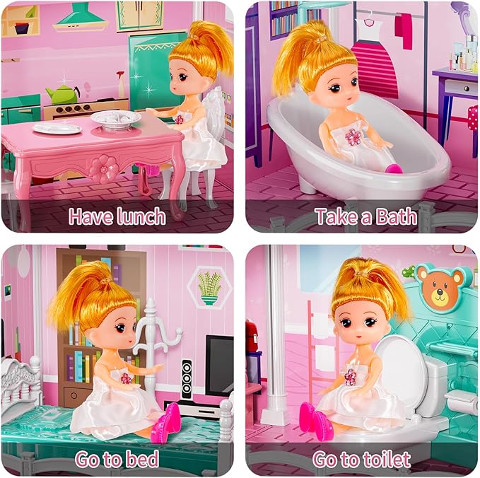 TEMI Villa Toys for 3 4 5 6 7 8 Years Old Girls - 4 Storeys 12 Rooms, Indoor Playset with 2 Dolls Toy Figures, Toys Furniture and Accessories, Pretend Girls Plays, Building Toys, Gifts Toy