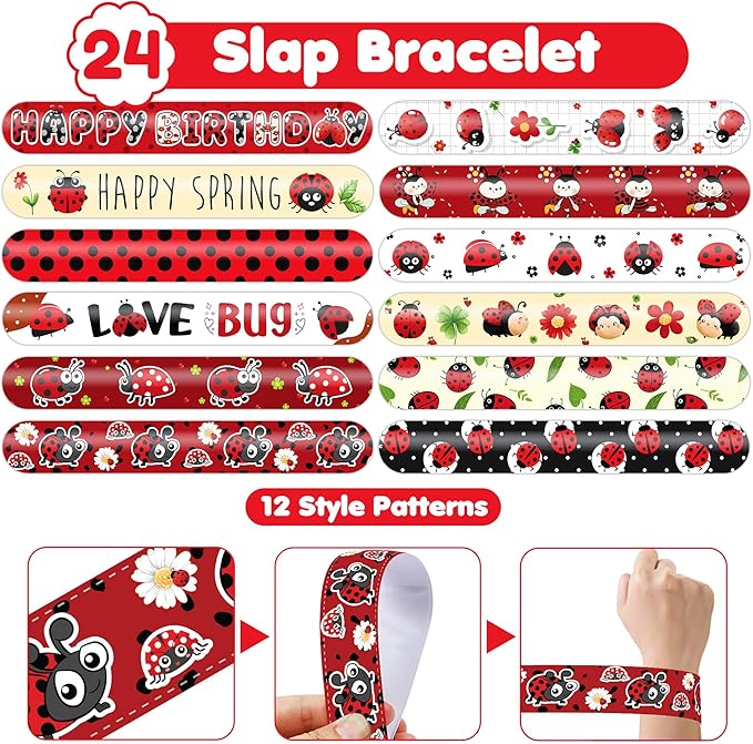 48 PCS Ladybug Party Favors 24PCS Tattoos Sticker 24PCS Slap Bracelets Wristbands Perfect for Themed Birthday Baby Showers or Classroom Rewards Ideal Decor and Gifts for Girls and Boys