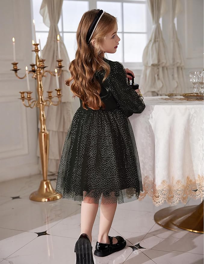 Arshiner Toddler Christmas Dress Girls Sequin Tulle Puff Long Sleeves Tutu Dress Princess Birthday Party Clothes 1-6T