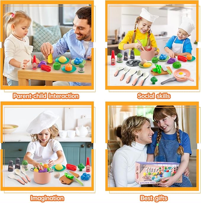 35Pcs Kids Kitchen Toy Accessories, Toddler Pretend Cooking Playset with Play Pots and Pans, Utensils Cookware Toys, Play Food Set, Toy Vegetables, Learning Gift for Girls Boys (Pink)