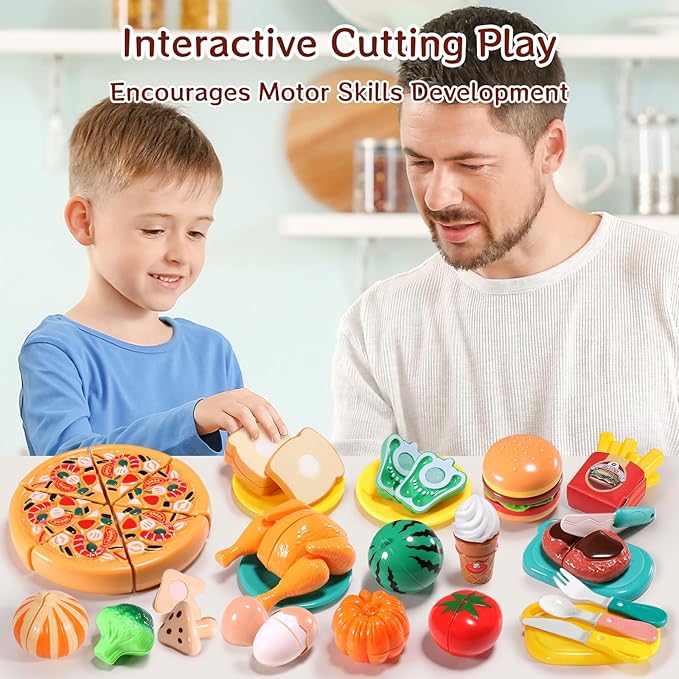 Kids Deluxe Cutting Playset Includes Sliceable Fruits, Vegetables, Pizza, Knife & Fork-Fun&Educational Pretend Play Kitchen Toy for Toddlers and Children-Safe and Realistic Food Cutting Set