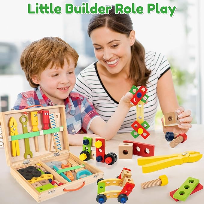Bravmate Toddler Tool Set with Portable Tool Box & DIY Stickers, Wooden Kids Tool Sets for Boys Girls Age 2-4, STEM Montessori Educational Preschool Toys, Birthday Gifts for 3+ Years Old