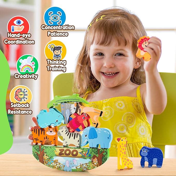 Animals Montessori Toddler Toys 2 3 4 5 6 7 Year Old Boys Girls Wooden Animal Blocks Stacking Toy Kids Easter Birthday Gifts for Boy Girl Age 3-7 Educational Toys Fine Motor Balance Game