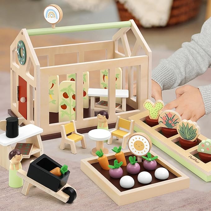PairPear Dollhouse Furnitures Flower Garden Toy Greenhouse Playset,Toddlers Wooden Toys Dollhouse Garden Toys,Pretend Play Food Set for Girls Boys 3 Years and Up
