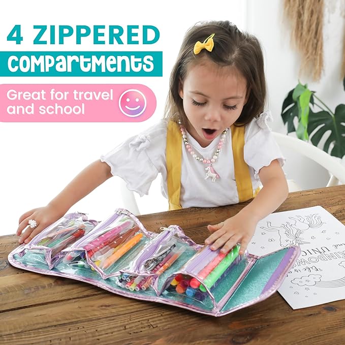 Amitié Lane Silly Scented Markers For Kids. Arts & Crafts Unicorn Gifts for Girls 6-8. Fun Kids Toys For Girls that includes Unicorn Markers, Crayons, Stickers and Carrying Case.