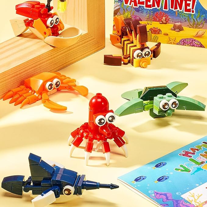 24 Pack Valentines Day Gifts for Kids 8-12, Sea Animal Building Blocks Kit with Gift Cards for Kids School Classroom, Class Valentine Party Favors Exchange for Boys Girls Stuffers Egg Fillers