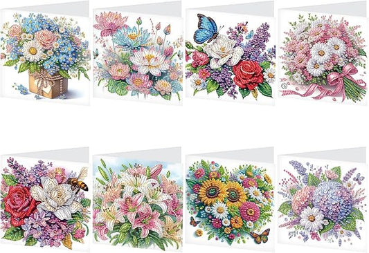 8 Packs Diamond Art Painting Greeting Card Kit Diamond Art Greeting Cards Special Shaped Diamond Painting Greeting Card Arts Crafts for Christmas Birthday Thanksgiving Day Holiday (Flowers 30x15cm)