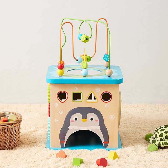 Amazon Basics Kids Wooden Educational Activity Learning Cube Toy, Gift for Toddlers Age 12M+, Developmental Shape Sorter, Multicolor, 13.4x22.5x13.4inches