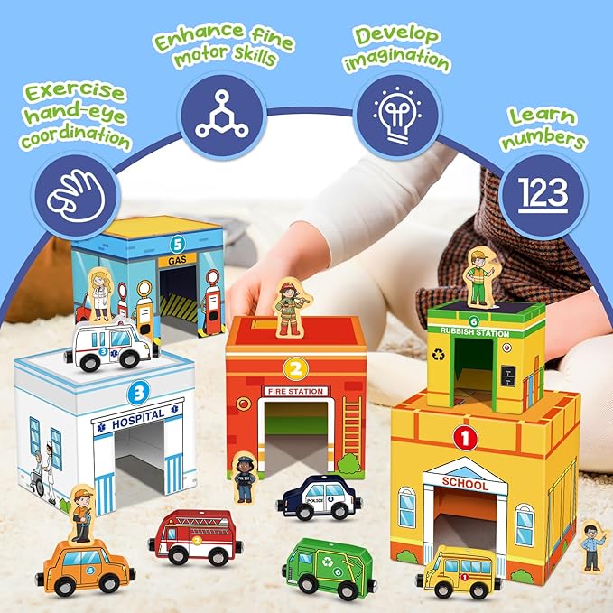 Aizweb Stacking Toys for Toddlers,Sorting Blocks Magnetic Wooden Cars Cardboard Vehicles Educational Preschool Kindergarten Learning Montessori Toys for 1 2 3 Year Old Boys Girls