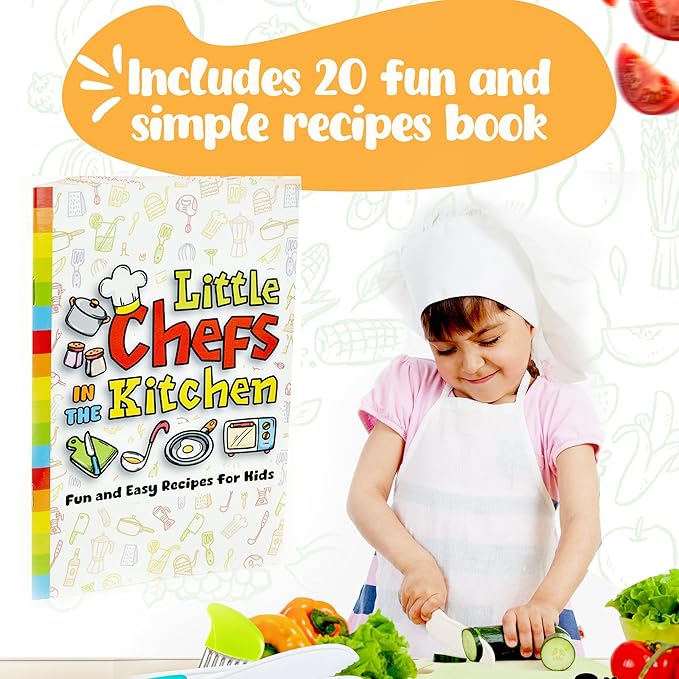 40Pcs Kids Knife set for Real Cooking - Montessori Kitchen Tools for Toddlers - Safe Kitchen Tools and Accessories with Recipes Book, Cutting Board and Knife set - Kids Knives and Cooking Utensils Kit