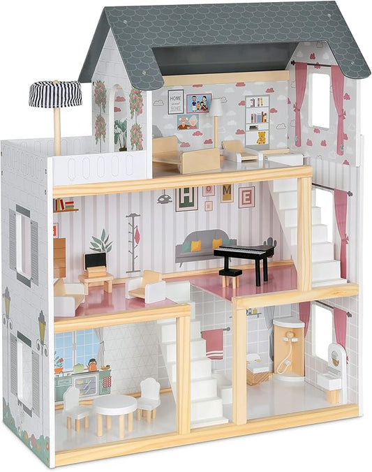 Lil' Jumbl Jumbl Kids Wooden Dollhouse, 17-Piece Accessories & Furniture are Included, with Balcony & Stairs, 3 Story Easy to Assemble Doll House Toy