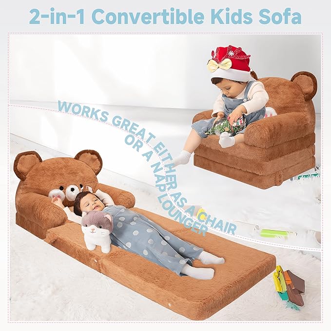 MONKISS 2-in-1 Toddler Couch Bear Chairs Comfy, Kids Chair Couch, Mini Couch, Flip Out Sherpa Kids Sofa, Baby Couch, Chair for Toddlers 1-3, Kids Lounge Chair Reading Chair, Kids Couch Bed Fold Out