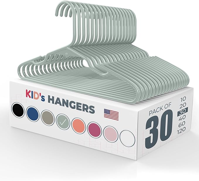 30pk Made in USA Baby Hangers | Kids Hangers for Children's Clothes, Toddler Outfits and Clothing | 20 50 100 Pack Available | Kid Plastic Hanger for Closet and Nursery | Child Kid Hangars (Mint)